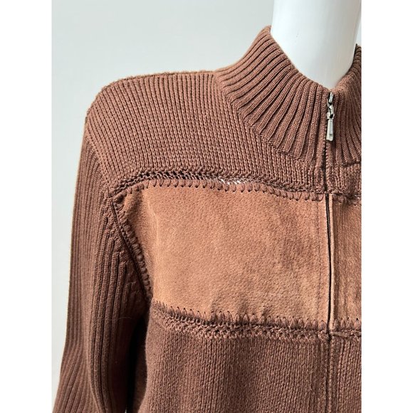 Evan-Picone Suede Blocked Cardigan Sweater M Brown Cotton and Leather - Picture 3 of 15
